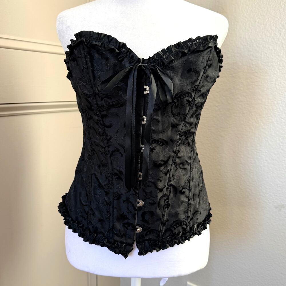 Hot Topic Black Brocade Lace Up Corset Top Ruffle Trim Goth Victorian Medium - Picture 2 of 7